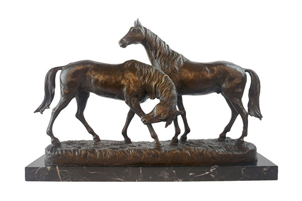 Pair Of Horses Bronze Sculpture On Marble Base